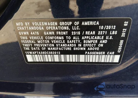 2013 Volkswagen Passat 2.5L S z USA, uszkodzony, nr VIN 1VWAP7A38DC052012